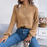 2025 Casual Pure Color Round-Neck Hollow Lantern Sleeve Head Sweater Women's