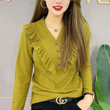 V-Neck Solid Color T-shirt Sweet Ruffles Spring Autumn Fashion Button Women's Clothing Long Sleeve All-match Pullovers-Outfit
