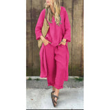 Fongt Spring And Autumn Cotton Tamply Size Women's Loose Casual V-Neck Long-Sleeved Trousers Two-Set Set