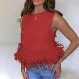 Patchwork Feather Pullover Women Tops White Sleeveless Round Neck Solid Tops Women Summer Loose Fashion Party