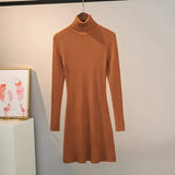 Casual Slim Warm Pit Knitted Sweater Long Sleeve Turtleneck Solid High Street Mini Party Dress 2021 Winter Fashion