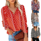 Fongt Women's Clothing 2025 Autumn And Winter New Broken Flower Printed Shirt V Collar Long-Sleeved T-Shirt Top Women