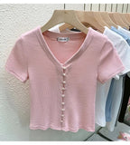 T Shirts Women V-Neck Pearl Buttons Cropped Tshirt Tee Lady Solid Slim Cardigan Crop Top for Female-Outfit