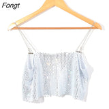 Sexy Halter Tops for Women Fashion Mesh Crystal Diamond Shirts Sparkly Rhinestone Navel Backless Cropped Tank Tops