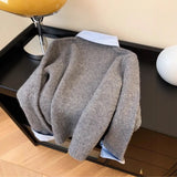 Fongt 2025 New Fake Two Shirt Collar Sweater Women With Lazy Wind Collared Gray Knitted Shirt Top