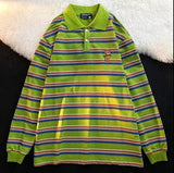 High Quality England Style Cartoon Avocado Green Striped POLO Collar Sweatshirt Oversized Long Sleeve Tops Clothes for