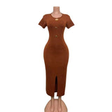 Fongt Body-Stupling Short-Sleeved Bag Hip Dress Gold Metal Buckle Open-Fork Solid Color Dress
