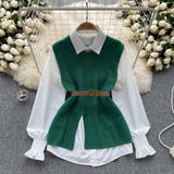 Fongt Style Suit Women's Casual Long-Sleeved Shirt + Waist V-Neckless Knitted Vest Two-Piece Set