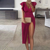 Butterfly Sleeve V-Neck Women Party Dress Summer Sexy V-Neck Slit Mid Dress For Lady Sleeveless Femme Ball Dress
