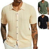 Fongt Men's Casual Knit Shirt Summer New Solid Color Jacket Men's Short Sleeve Lapel Collar Hollow Breathable Men's