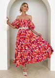 Fongt Summer New Bubble Sleeve Holiday Show Skinny Dress Babes High-Waisted Shoulder-Print Dress Dress Woman