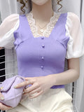 Fashion Lace V-neck Hollow Out Patchwork Button Shirt New Summer Autumn 2023 Long Sleeve Pullovers Women's Clothing