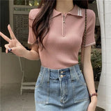 Fongt Academy Wind Ice Silk T-Shirt Girl Summer New Temperament Sweet Slim Thin Collar Short Sleeve Top In