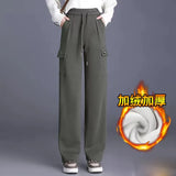Wide Leg Cargo Pants Women Casual Thicken Baggy Sweatpants Fleece Lined High Waist Pantalones Lace Up Warm Straight