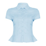 Fongt Style Organ Folds Solid Color POLO Collar Short-Sleeved Shirt To Close Short Buckle Umbilical Top