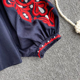 Fongt Travel To Shoot Retro National Wind Embroidery With Tuxedo V-Neck Lantern Sleeve Top Lady 0515