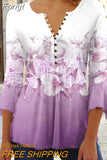 Floral Print Summer Blouse Women Elegant Simple Shirt V Neck Button 3/4 Length Sleeve Casual Holiday Basic Tops