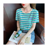 Fongt Summer New Round Collar Short-Sleeved Women's T-Shirt Embroidery Fashion Korean Version Loose And Versatile Age Reduction Stripes On Clothes