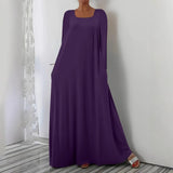 Fongt New Long Dress Casual Loose Long Sleeve Solid Color Collar Dress