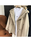 Oversized Casual Drawstring Drop Shoulder Windbreaker Women Long Sleeve Hooded Drawstring Zipper Pocket Cargo