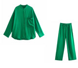 Women Simply Solid Green Color Pockets Casual Straight Pants Female Chic Elastic Waist Lace Up Summer Long Trousers