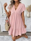 Fongt Women's Dress 2025 Summer Holiday Windy Windy Leaves Edge V Collar Solid Loose Short Skirt