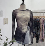 Vintage Tie-Dye-Print Net Yarn Jersey Long-Sleeved Top Irregularly T-Shirt With Thin Short T-Shirt