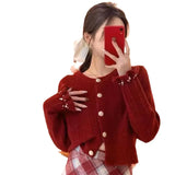 Fongt Version Autumn Winter Gentle Department Lotus Leaf Sleeve Sweet Wind Round Collar Sweater Female Design Feeling Nail Bead Knit Cardigan Jacket Tide-Outfit