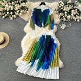 New Advanced Casual Women's Elastic Long Sleeve Pleated Top+High Waist Pleated Half Skirt Printed Skirt 2-piece Set-Outfit