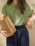 Fongt Linen-Based Lilies Design Feel Small Gentle And Comfortable Temperament Asymmetric Collar Short-Sleeved Shirt Woman