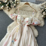 Fongt One-Word Shoulder-Scaring Dress Women's Summer Gentle Wind To Close The Waist Mashed Flowers Bubble Sleeve Yarn Fairy Dress