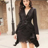 Han Queen Women's OL 2 Pieces Suits Lace-up Crop Top + Sexy Lace Sheath Bodycon Pencil Skirt Korean Chic Work Skirt Suit