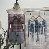 Fongt Hanging Neck Shoulder Mesh Yarn Long-Sleeved Top Design Y2k Short Repair T-Shirt 8070