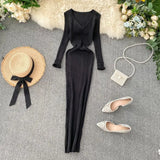 Fongt Women's Autumn And Winter 2025 New Korean Version Of Simple Solid Color Long Sleeves Tight Waist Thin Knit Long Dress