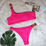 Fongt New Swimsuit Luxury Crystal Diamond Chain Female Split Swimsuit Plain Color One Shoulder Sexy