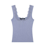 Fongt Trims With A Bow Trim With Elastic Vest 2025 Summer U-Neck Sleeveless Short Top Woman