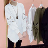 Solid Color Cut Out Sweatshirts Female Clothing Korean Loose Spring Autumn Long Sleeve Casual Bow Round Neck Pullovers-Outfit