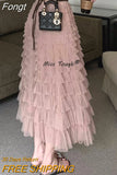 Pink Sweet Midi Skirt Women Korean Style Fluffy Elegant Cake Skirt Female High Waist Ruffle Casual Holiday Skirt