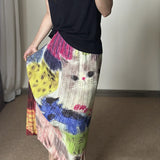 Fongt Folds 2025 Spring And Summer New Elastic Thin Cartoon Cat Print High-Waist Commuting In The First Half Dress