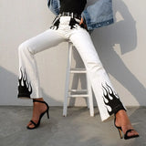 High Waist Flared Trousers Fire Print