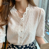 Lace with Button Lady's Top Short Sleeve Summer New Puff Sleeve White V-Collar Chiffon Blouse Slim Cardigan Shirts
