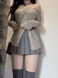 Simple Off Shoulder Slim Fit Knitted Pullover+ Y2k E-Girl High Waist Ruched Skirts 2024 Autumn New Two Piece Sets-Outfit