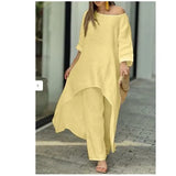 Fongt New Women's Cotton And Cotton Fashion Casual Large Code Irregular Long-Sleeved Set Of Wide Leg Pants Two Sets