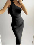 Slanting Shoulder Solid Color Knitted Dress Ins Xia Xian Slim Body Including Hip Middle Skirt Sleeveless Summer-Outfit