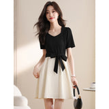 Fongt Collar Splicing Dress Women 2025 Summer Dress New Fashion Temperament Thin Design Small Bubble Sleeve Long Dress