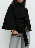 Fongt Women's Autumn And Winter New Fashion Pure Color Cape Collar Collar Belt Wind Coat