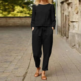 Women Long Sleeve Sets 2PC Autumn Suits Solid Casual Long Cotton Pants O Neck Blouse Loose Harem Trousers Oversize