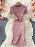 Fongt Version Of The Solid Color Collar Buckle Body Short Sleeve Elastic Knitted Forked And Left-Sleeved Dress 0022