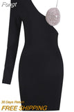 2023 New Ladies Dress Shiny Luxury Diamond One-Shoulder Design Long Sleeve Celebrity Club Black Sexy Mini Bandage