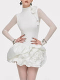 Fongt Summer New Dress Femininity Elegant Fashion Round-Neck Long-Sleeved Mesh Three-Dimensional Flower High-Waisted